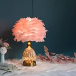 Pink Color Feather Shade with Crystal Design Metal Base Table Lamp