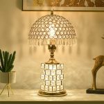 Rose Gold Color Metal Body with Glass Design Cream Color Fabric Shade Table Lamp